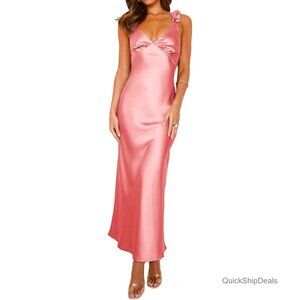 Satin Spaghetti Strap V-Neck Midi Dress Formal Wedding Guest Backless